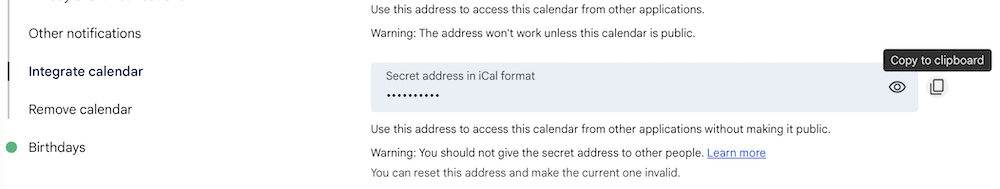 Secret iCal address